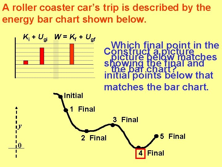 A roller coaster car’s trip is described by the energy bar chart shown below.