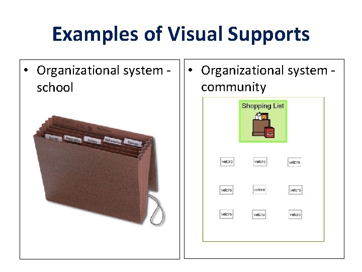 Examples of Visual Supports • Organizational system school • Organizational system community 