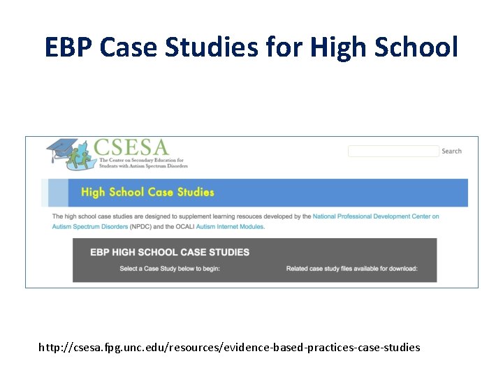 EBP Case Studies for High School http: //csesa. fpg. unc. edu/resources/evidence-based-practices-case-studies 