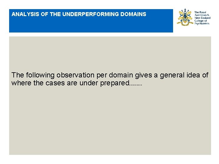 ANALYSIS OF THE UNDERPERFORMING DOMAINS The following observation per domain gives a general idea