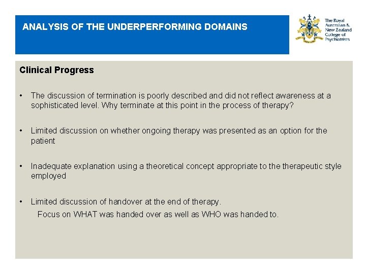 ANALYSIS OF THE UNDERPERFORMING DOMAINS Clinical Progress • The discussion of termination is poorly