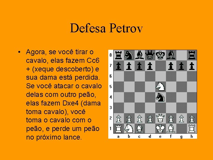 Defesa Petrov • Agora, se você tirar o cavalo, elas fazem Cc 6 +