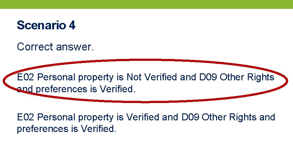 Scenario 4 Correct answer. E 02 Personal property is Not Verified and D 09