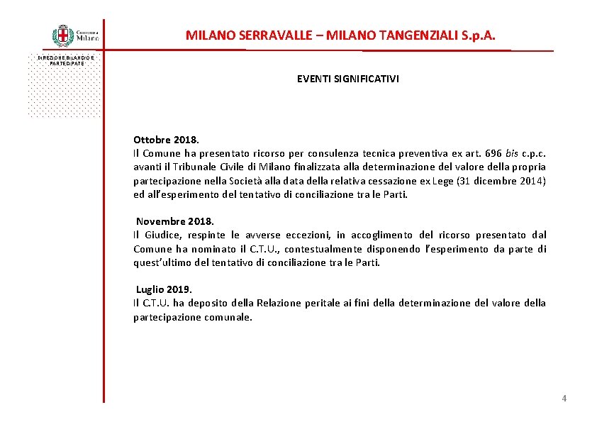 MILANO SERRAVALLE – MILANO TANGENZIALI S. p. A. DIREZIONE BILANCIO E PARTECIPATE EVENTI SIGNIFICATIVI