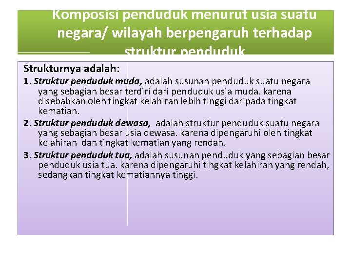 Komposisi penduduk menurut usia suatu negara/ wilayah berpengaruh terhadap struktur penduduk Strukturnya adalah: 1.