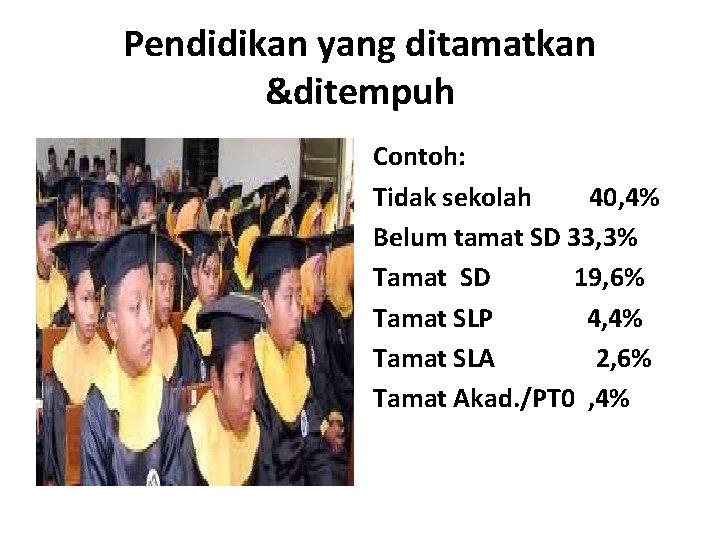 Pendidikan yang ditamatkan &ditempuh Contoh: Tidak sekolah 40, 4% Belum tamat SD 33, 3%