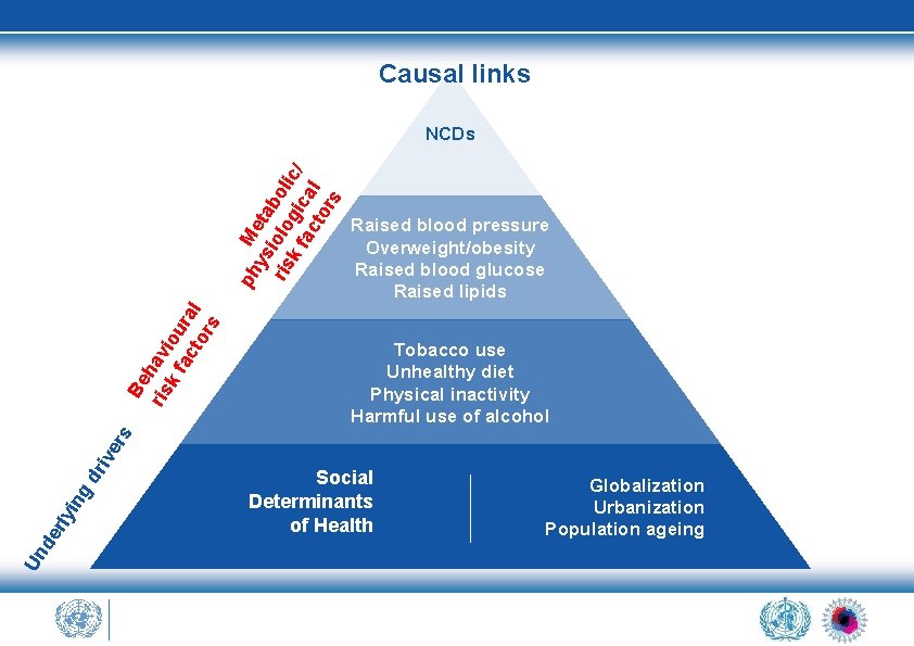 Causal links Raised blood pressure Overweight/obesity Raised blood glucose Raised lipids Tobacco use Unhealthy