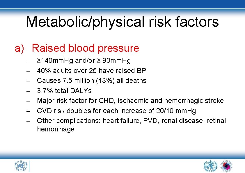 Metabolic/physical risk factors a) Raised blood pressure – – – – ≥ 140 mm.