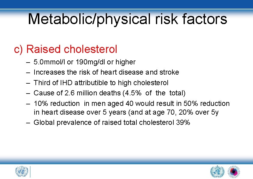 Metabolic/physical risk factors c) Raised cholesterol – – – 5. 0 mmol/l or 190