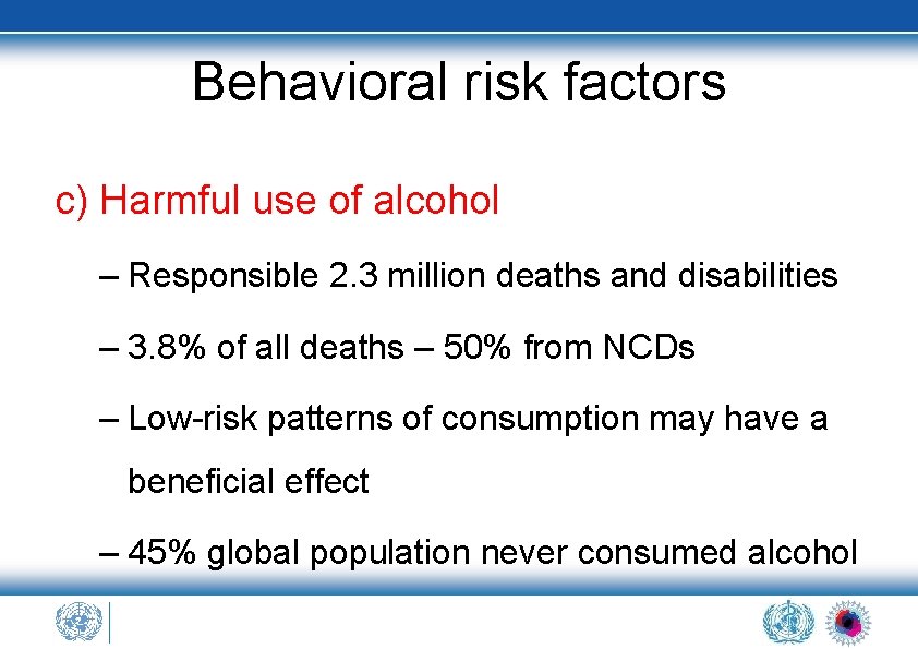 Behavioral risk factors c) Harmful use of alcohol – Responsible 2. 3 million deaths