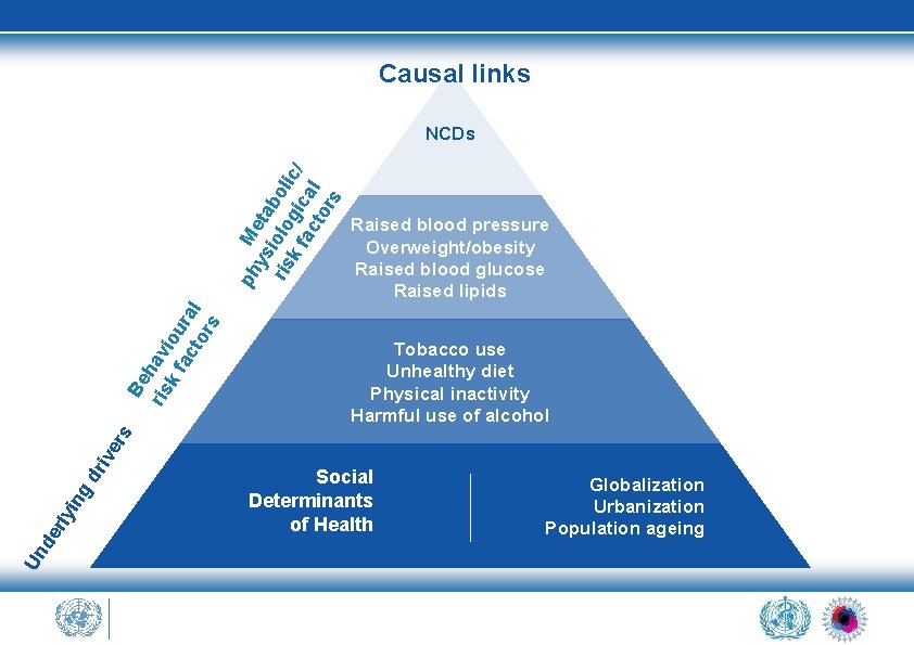 Causal links Raised blood pressure Overweight/obesity Raised blood glucose Raised lipids Tobacco use Unhealthy