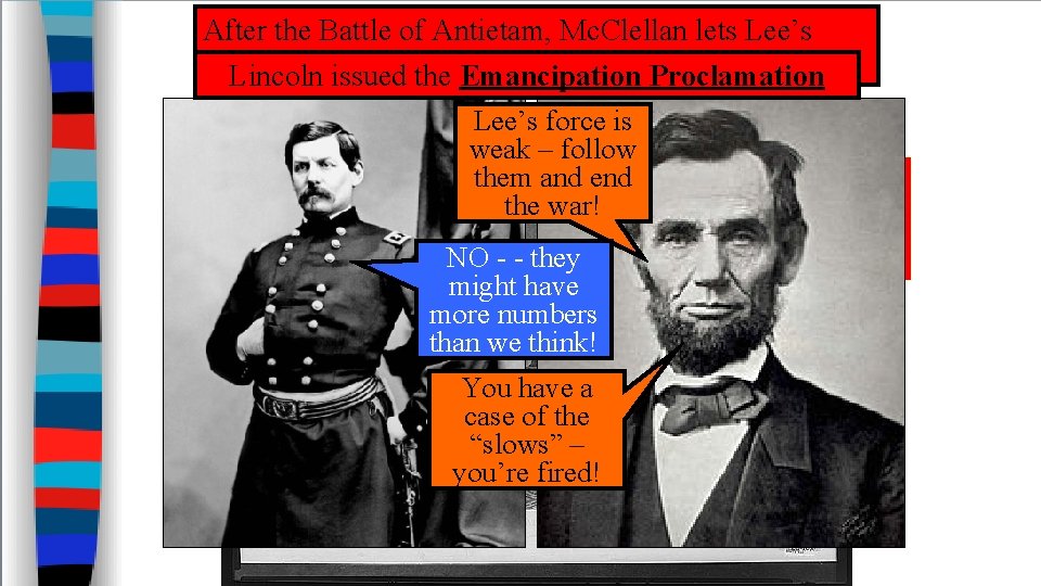 After the Battle of Antietam, Mc. Clellan lets Lee’s tattered escape into Virginia –Proclamation