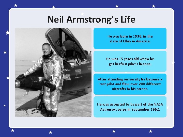 Neil Armstrong’s Life He was born in 1930, in the state of Ohio in