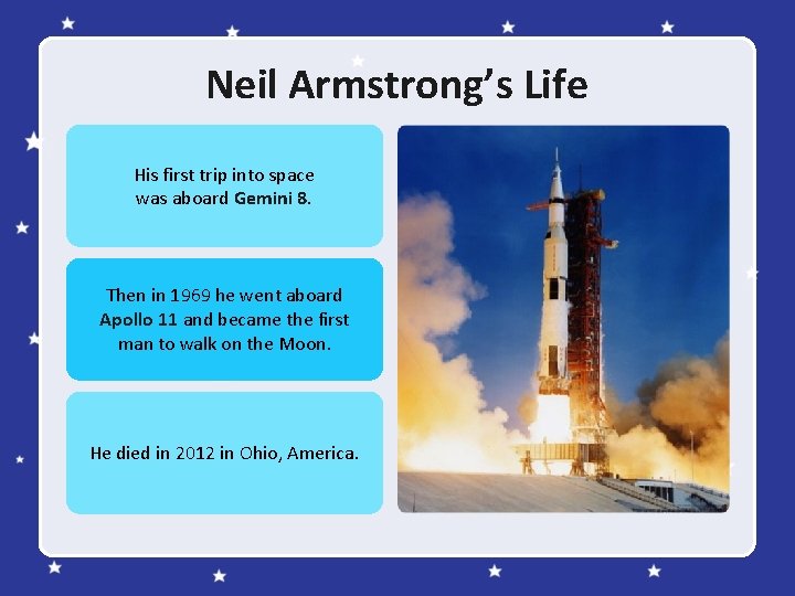 Neil Armstrong’s Life His first trip into space was aboard Gemini 8. Then in