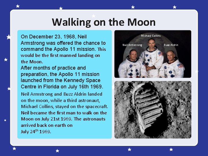 Walking on the Moon On December 23, 1968, Neil Armstrong was offered the chance