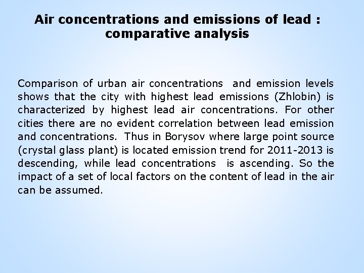 Air concentrations and emissions of lead : comparative analysis Comparison of urban air concentrations