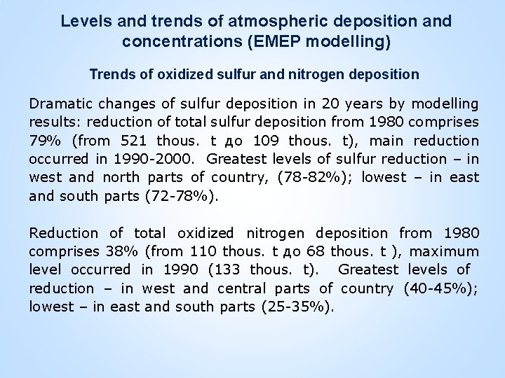 Levels and trends of atmospheric deposition and concentrations (EMEP modelling) Trends of oxidized sulfur