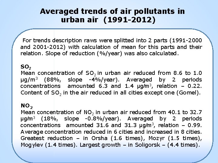 Averaged trends of air pollutants in urban air (1991 -2012) For trends description raws