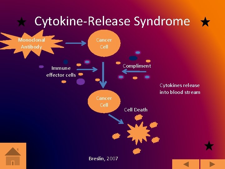 Cytokine-Release Syndrome Cancer Cell Monoclonal Antibody Compliment Immune effector cells Cancer Cell Breslin, 2007