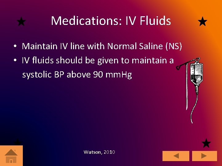 Medications: IV Fluids • Maintain IV line with Normal Saline (NS) • IV fluids