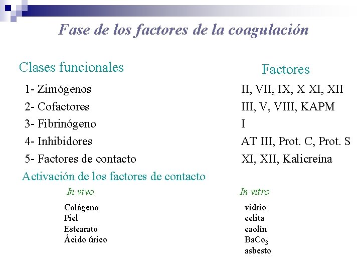 Fase de los factores de la coagulación Clases funcionales 1 - Zimógenos 2 -