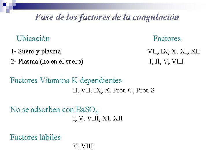 Fase de los factores de la coagulación Ubicación Factores 1 - Suero y plasma