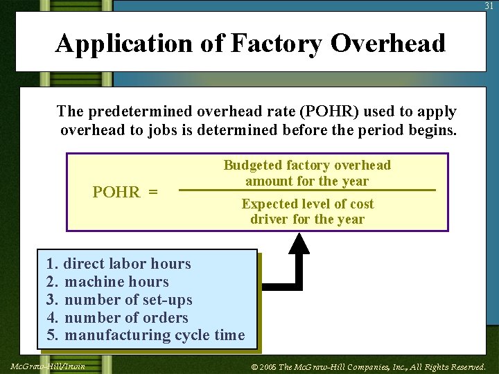 31 Application of Factory Overhead The predetermined overhead rate (POHR) used to apply overhead