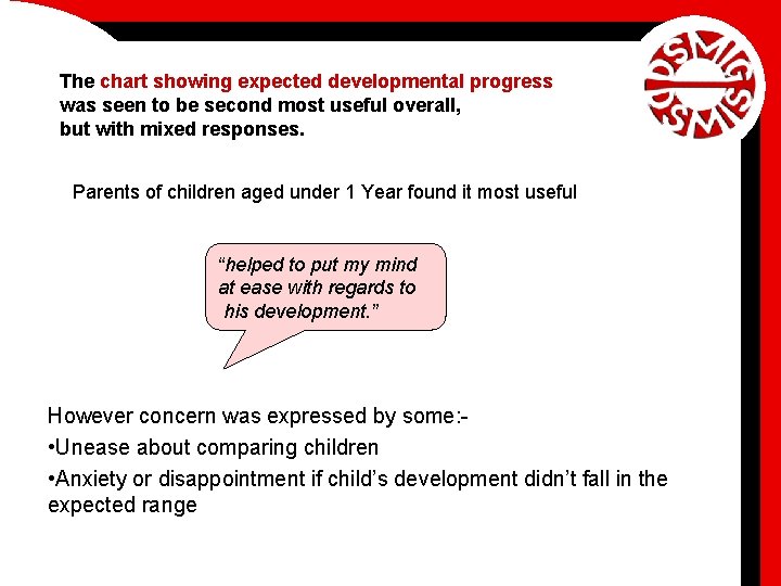 The chart showing expected developmental progress was seen to be second most useful overall,