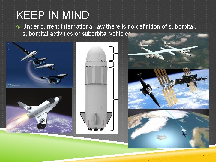 KEEP IN MIND Under current international law there is no definition of suborbital, suborbital