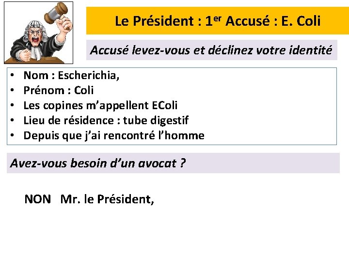 Le Président : 1 er Accusé : E. Coli Accusé levez-vous et déclinez votre