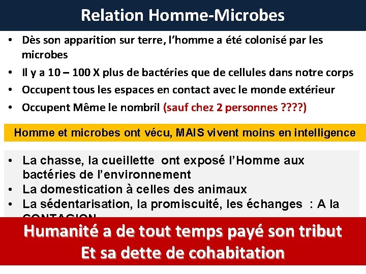 Relation Homme-Microbes • Dès son apparition sur terre, l’homme a été colonisé par les