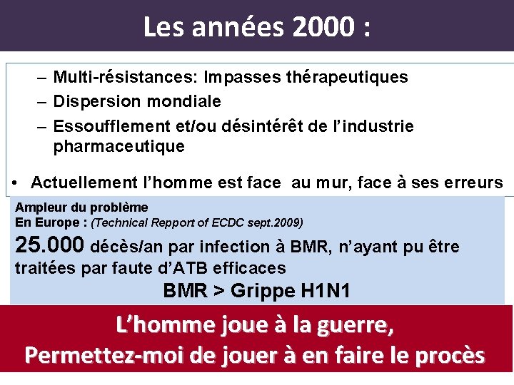 Les années 2000 : – Multi-résistances: Impasses thérapeutiques – Dispersion mondiale – Essoufflement et/ou