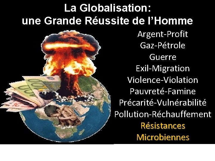 La Globalisation: une Grande Réussite de l’Homme Argent-Profit Gaz-Pétrole Guerre Exil-Migration Violence-Violation Pauvreté-Famine Précarité-Vulnérabilité