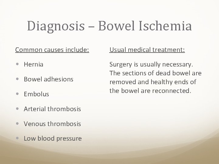 Diagnosis – Bowel Ischemia Common causes include: Usual medical treatment: • Hernia Surgery is