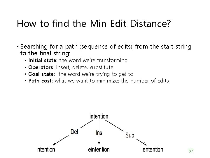 How to find the Min Edit Distance? • Searching for a path (sequence of