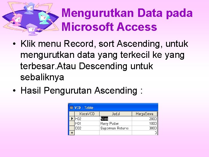 Mengurutkan Data pada Microsoft Access • Klik menu Record, sort Ascending, untuk mengurutkan data