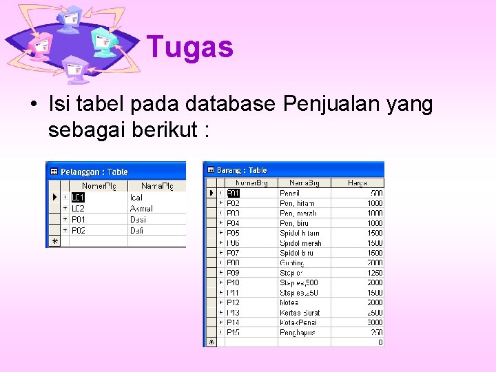 Tugas • Isi tabel pada database Penjualan yang sebagai berikut : 