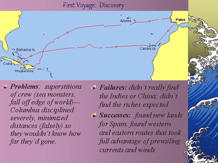 First Voyage: Discovery Problems: superstitions of crew (sea monsters, fall off edge of world)—