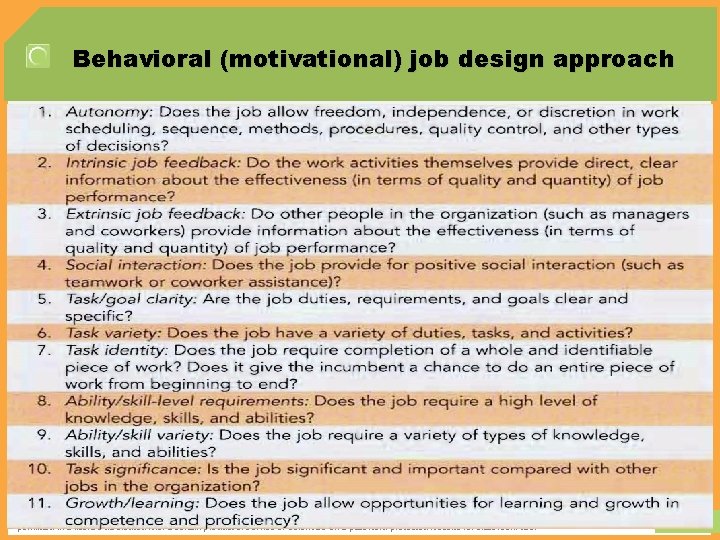 Behavioral (motivational) job design approach © 2012 Learning. All Rights Reserved. May not be