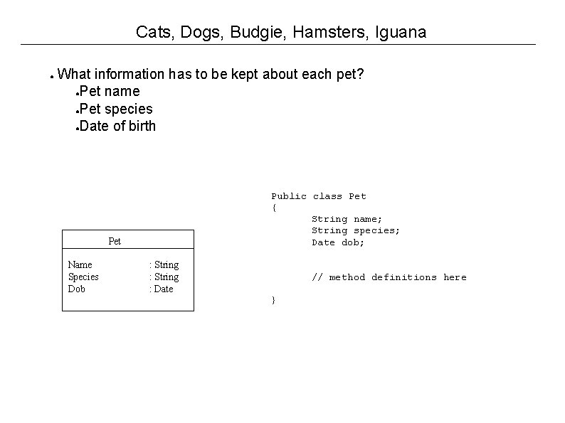 Cats, Dogs, Budgie, Hamsters, Iguana ● What information has to be kept about each