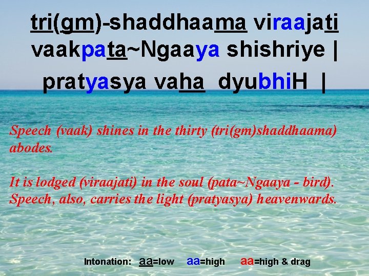 tri(gm)-shaddhaama viraajati vaakpata~Ngaaya shishriye | pratyasya vaha dyubhi. H | Speech (vaak) shines in