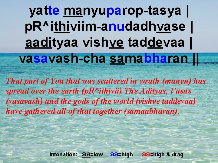 yatte manyuparop-tasya | p. R^ithiviim-anudadhvase | aadityaa vishve taddevaa | vasavash-cha samabharan || That