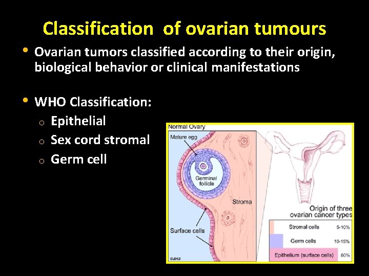 Classification of ovarian tumours • Ovarian tumors classified according to their origin, biological behavior