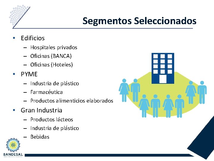 Segmentos Seleccionados • Edificios – Hospitales privados – Oficinas (BANCA) – Oficinas (Hoteles) •