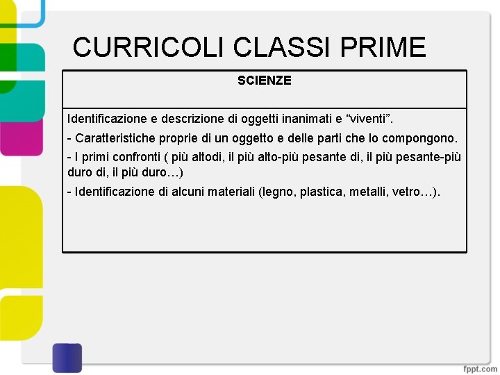 CURRICOLI CLASSI PRIME SCIENZE Identificazione e descrizione di oggetti inanimati e “viventi”. - Caratteristiche