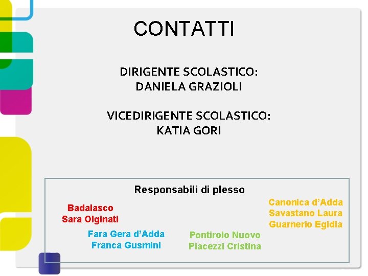 CONTATTI DIRIGENTE SCOLASTICO: DANIELA GRAZIOLI VICEDIRIGENTE SCOLASTICO: KATIA GORI Responsabili di plesso Canonica d’Adda