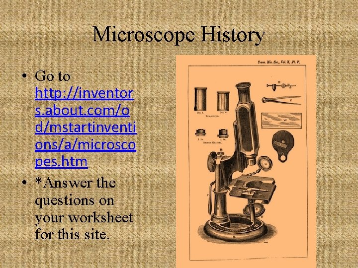 Microscope History • Go to http: //inventor s. about. com/o d/mstartinventi ons/a/microsco pes. htm