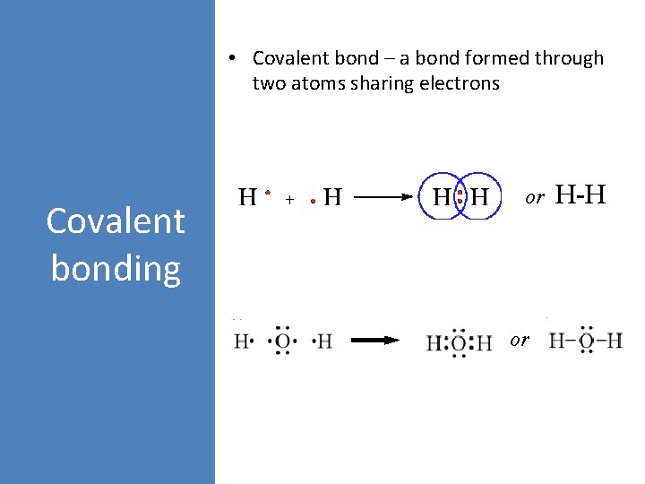  • Covalent bond – a bond formed through two atoms sharing electrons Covalent