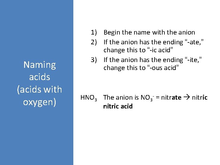 Naming acids (acids with oxygen) 1) Begin the name with the anion 2) If