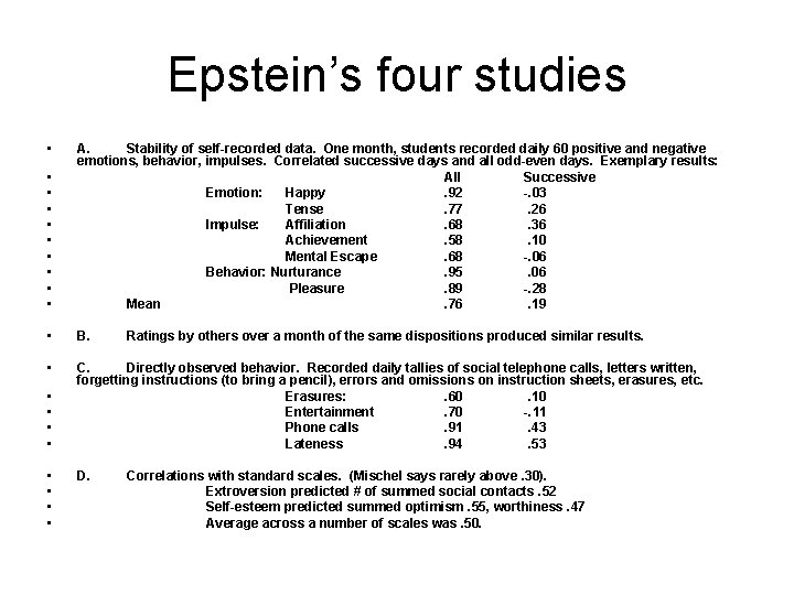 Epstein’s four studies • • • A. Stability of self-recorded data. One month, students